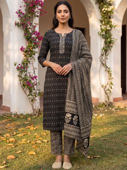 Vaamsi - Women Black Rayon Blend Geometric Printed Straight Kurta Pants with Dupatta (Set of 3)