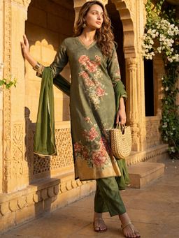 Vaamsi - Women Olive Cotton Blend Floral Printed Straight Suit (Set of 3)