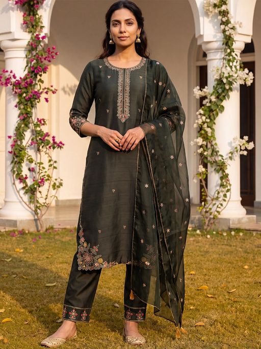 Vaamsi Women Olive Silk Blend Floral Kurta with Pant and Dupatta (Set of 3)