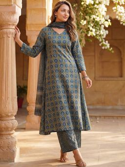 Vaamsi - Women Olive Printed Kurta with Palazzo and Dupatta (Set of 3)