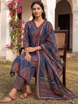 Vaamsi - Blue Printed Straight Kurta and Pant with Dupatta