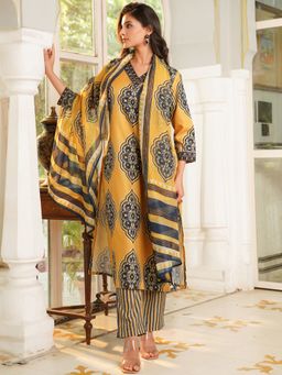 Vaamsi - Yellow Printed Straight Kurta and Pant with Dupatta