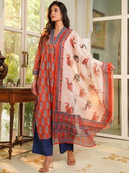 Vaamsi - Orange Floral Printed Straight Kurta Palazzos with Dupatta