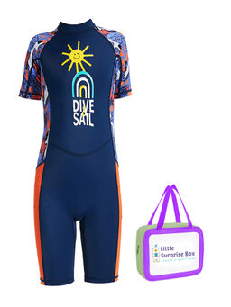 Little Surprise Box - Little Surprise Box,Half Sleeves Navy Orange Sunshine Swimwear UPF50+,Free Wash Bag