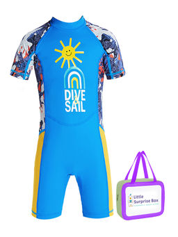 Little Surprise Box - Little Surprise Box,Half Sleeves Blue Yellow Sunshine Swimwear UPF50+, Free Wash Bag