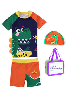 Little Surprise Box - Little Surprise Box,3D Dino Shirt & Shorts Swimwear+Cap UPF50+,With Free Wash Bag