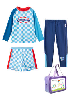 Little Surprise Box - Blue Checks T-Shirt, Shorts and Pant with Wash Bag (Set of 4)