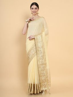 Mimosa - Women Traditional Kasavu Linen Beige Saree with Unstitched Blouse