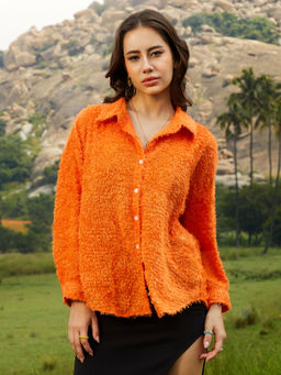 PINACOLADA - Women Pumpkin Orange Sherpa Oversized Shirt