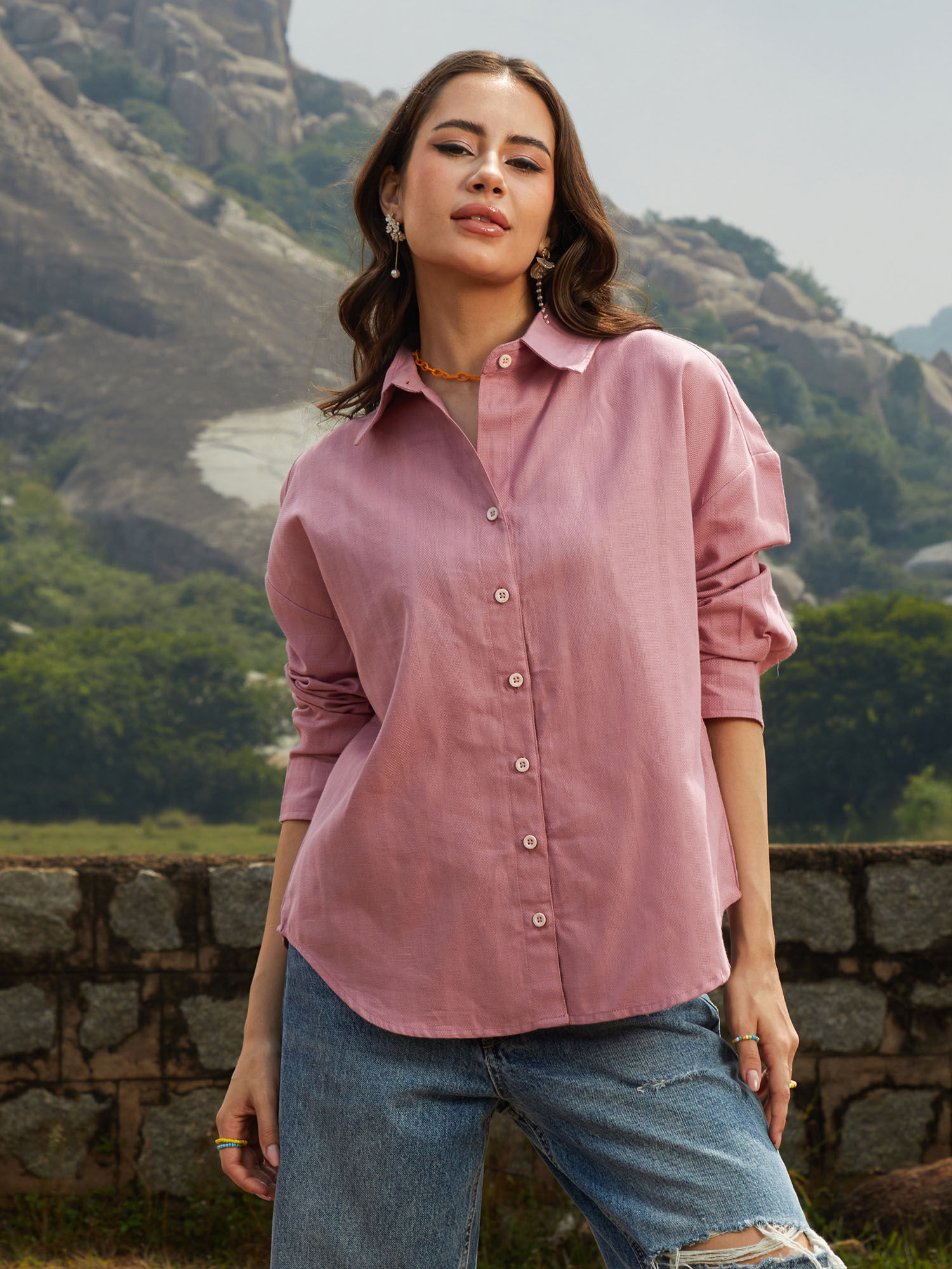 pinacolada Women Salmon Pink Self-Design Striped Shirt-picture-17