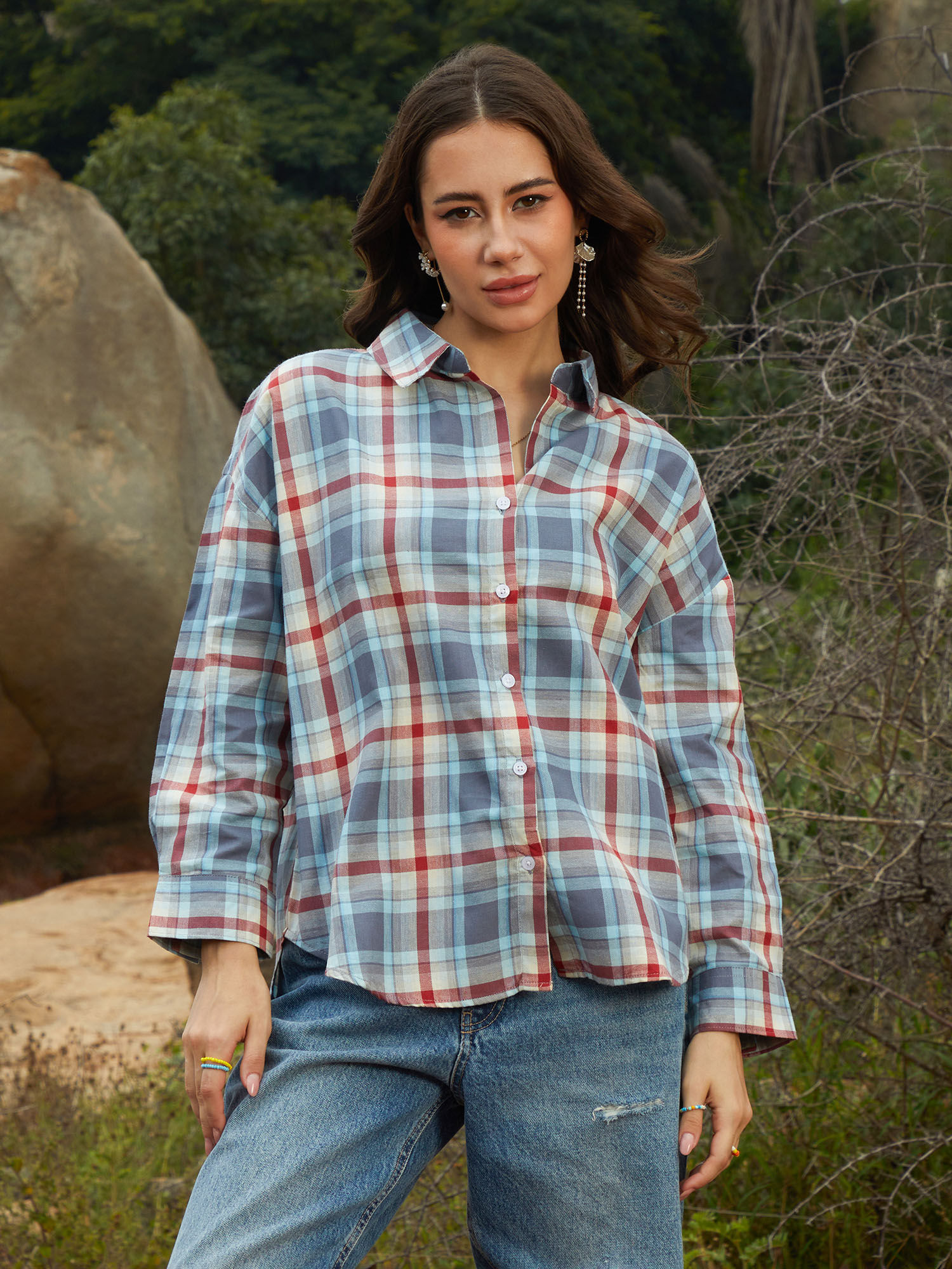 pinacolada Women Icy Blue and Brick Red Tartan Plaid Oversized Shirt-picture-13
