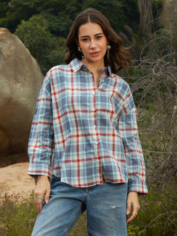 PINACOLADA - Women Icy Blue and Brick Red Tartan Plaid Oversized Shirt