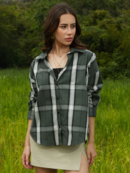 PINACOLADA - Women Emerald Green Tartan Plaid Oversized Shirt