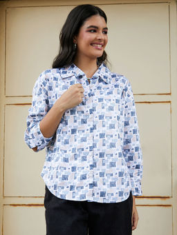 PINACOLADA - Women Indigo Blue Cubic Overlap Oversized Shirt