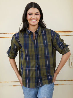 PINACOLADA - Women Army Green and Indigo Blue Tartan Plaid Oversized Shirt
