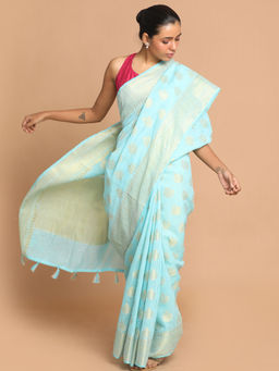 Indethnic - Banarasi Turquoise Blue Woven Work Wear Saree With Unstitched Blouse