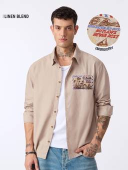 The Souled Store - Cotton Linen Never Rest Men Cotton Linen Shirt - Beige