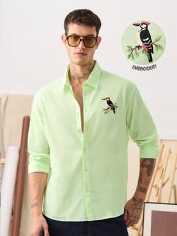 The Souled Store - Cotton Linen Birds Men Cotton Linen Shirt - Green