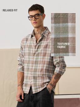 The Souled Store - Textured Plaid Earth Men Checks and Stripes Shirt - Brown
