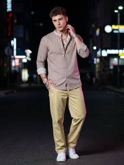 Charagh Din - Regular Fit Chinese Collar Combination Casual Shirt - Mauve