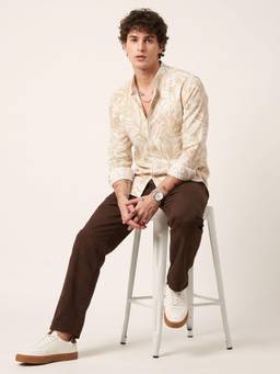 Charagh Din - Regular Fit Chinese Collar Combination Casual Shirt - Beige