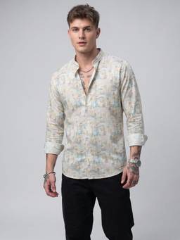 Charagh Din - Regular Fit Chinese Collar Combination Casual Shirt - Cream
