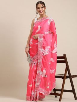 Vastranand - Pink & White Ethnic Motifs Sequined Satin Saree with Unstitched Blouse