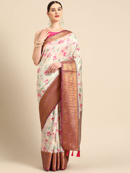 Silk Land - Beige Women Art Silk Digital Print Saree with Unstitched Blouse