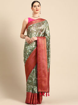 Silk Land - Olive Women Art Silk Digital Print Saree with Unstitched Blouse