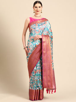 Silk Land - Turquoise Women Art Silk Digital Print Saree with Unstitched Blouse