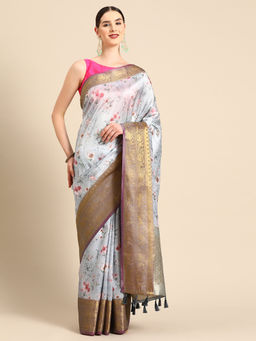 Silk Land - Grey Women Art Silk Digital Print Saree with Unstitched Blouse