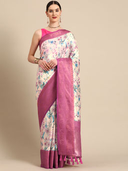 Silk Land - Off White Women Art Silk Digital Print Saree with Unstitched Blouse