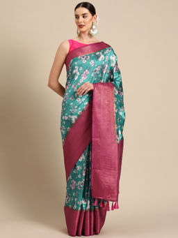 Silk Land - Green Women Art Silk Digital Print Saree with Unstitched Blouse
