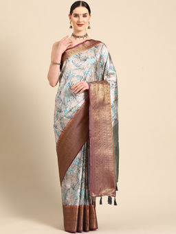 Silk Land - Grey Women Art Silk Digital Print Saree with Unstitched Blouse