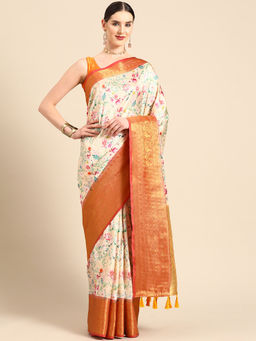 Silk Land - Cream Women Art Silk Digital Print Saree with Unstitched Blouse