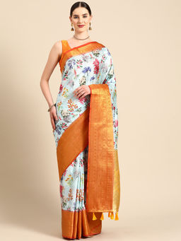 Silk Land - Blue Women Art Silk Digital Print Saree with Unstitched Blouse