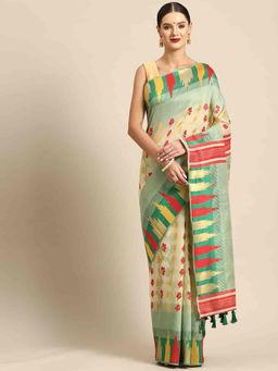 Silk Land - Green Pure Cotton Jamdani Saree with Unstitched Blouse