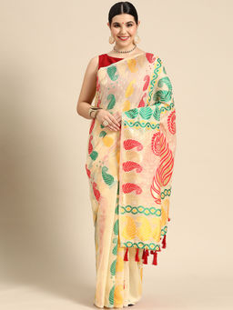 Silk Land - Beige Pure Cotton Jamdani Saree with Unstitched Blouse