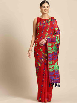 Silk Land - Red Pure Cotton Jamdani Saree with Unstitched Blouse