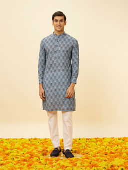 Manyavar - Mens Blue Blended Viscose Kurta Pyjama (Set of 2)