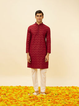 Manyavar - Mens Maroon Cotton Kurta Pyjama (Set of 2)