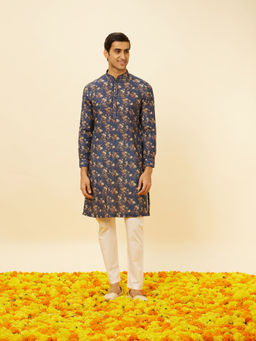 Manyavar - Mens Blue Blended Cotton Kurta Pyjama (Set of 2)