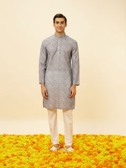 Manyavar - Mens Grey Blended Cotton Kurta Pyjama (Set of 2)