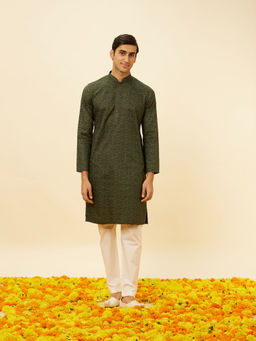 Manyavar - Mens Green Cotton Kurta Pyjama (Set of 2)