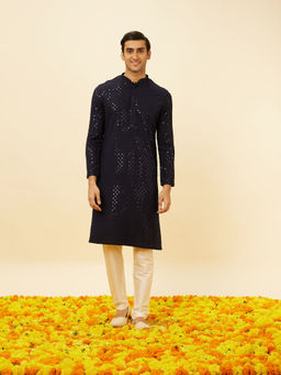 Manyavar - Mens Blue Viscose Kurta Pyjama (Set of 2)