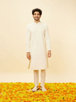 Manyavar - Mens Cream Viscose Kurta Pyjama (Set of 2)