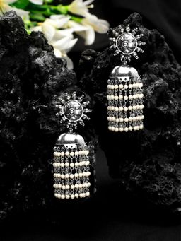 Yellow Chimes - Silver Plated Pearl beaded Jhumka Earrings