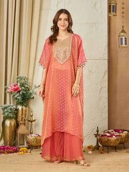 MOKOSH - Pink Women's Embroidered Kaftan Kurta with Spaghetti Top and Palazzo