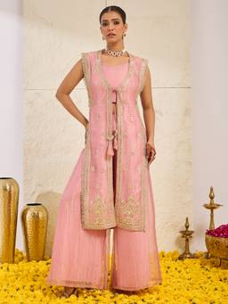 MOKOSH - Women Pink Silk Long Shrug and Spaghetti Blouse with Palazzo