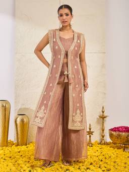 MOKOSH - Women Brown Silk Long Shrug and Spaghetti Blouse with Palazzo